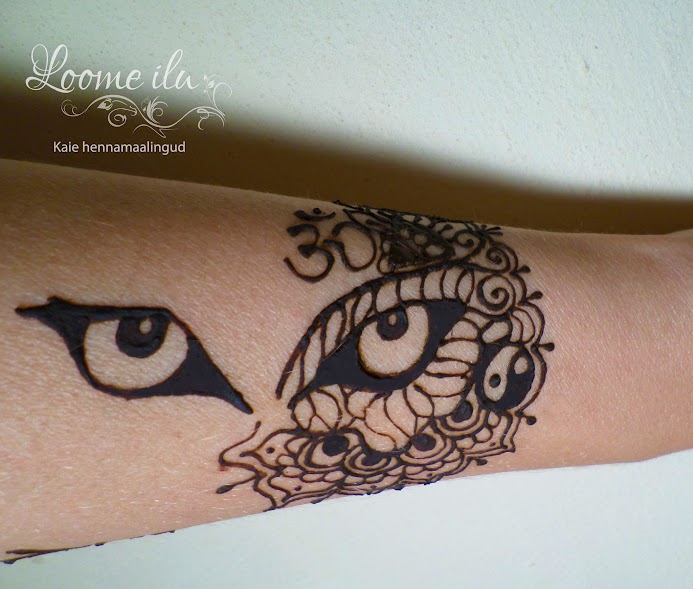 mask, hundisilmad, salapärane hennamaaling käel, OM, yin-yan käel, henna tattoo - Ilu loojad OÜ