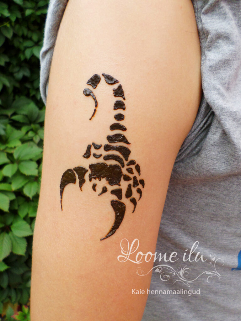 Skorpioni märk, Skorpion käel, hennamaaling, henna tattoo mehe käel, suvepäevad, firma pidu - Ilu loojad OÜ